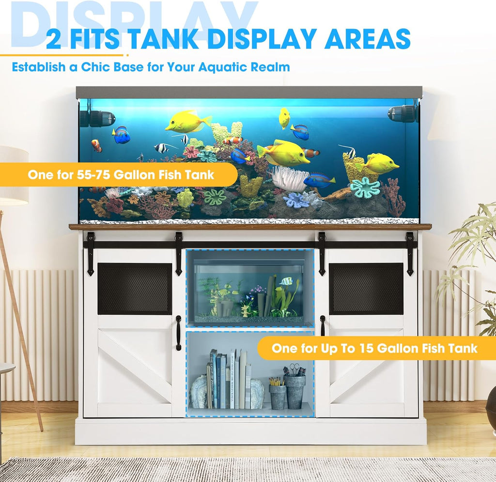 55-75 Gallon Aquarium Stand with Power Outlet, Metal Frame Fish Tank Stand with Cabinet Storage and Barn Door, Heavy Duty Reptile Tank Stand, 52" L x 19.7" W Tabletop, 1300LBS Capacity (White)