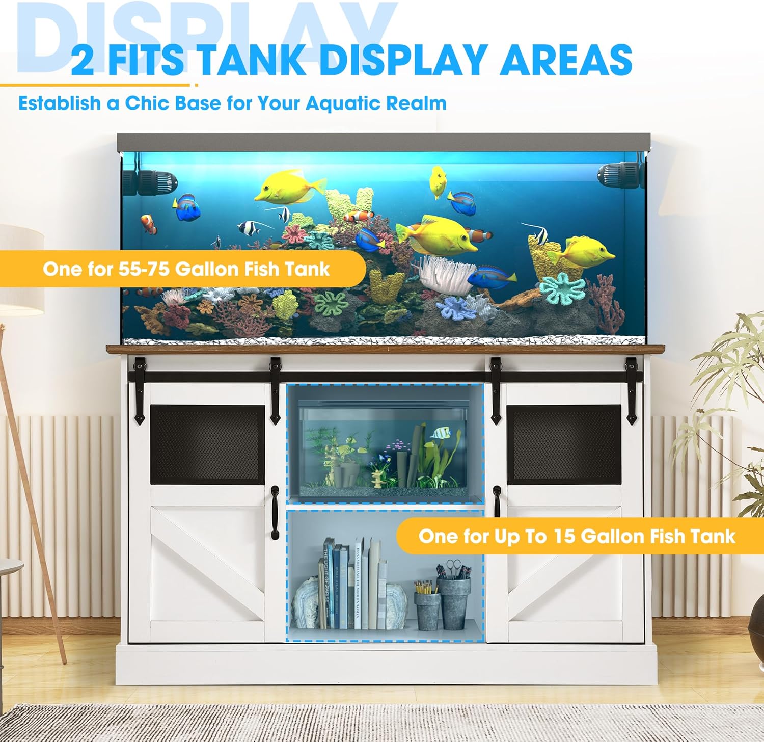 55-75 Gallon Aquarium Stand with Power Outlet, Metal Frame Fish Tank Stand with Cabinet Storage and Barn Door, Heavy Duty Reptile Tank Stand, 52" L x 19.7" W Tabletop, 1300LBS Capacity (White)