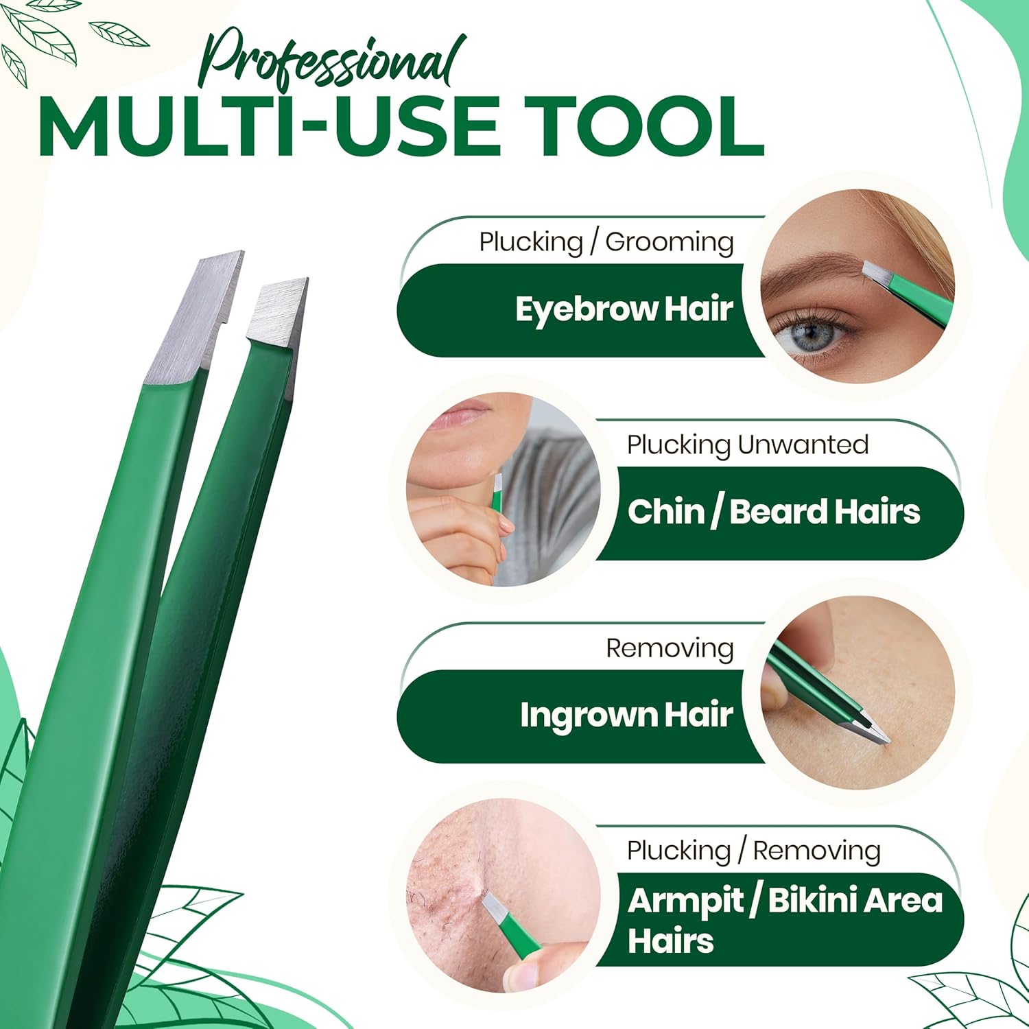 Professional Slant Tip Eyebrow Tweezers for Women & Men – Precision Hair Removal Tool – Stainless Steel Tweezers for Eyebrow Shaping, Facial Hair, Ingrown Hair & Splinter Removal (Jade Green)