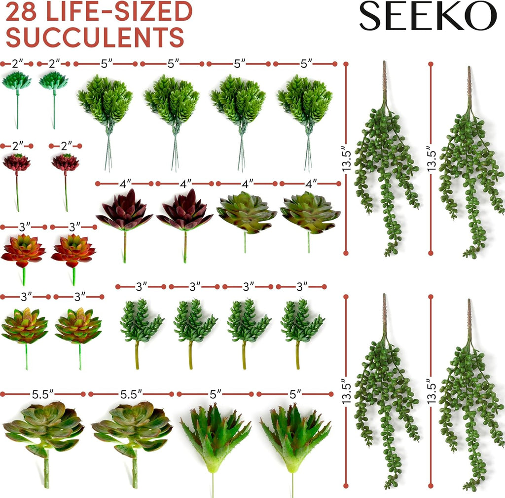 SEEKO Succulents Fake Succulents (28 Pack) – Premium Succulents Plants Artificial for Crafts - Large Assortment for Party, Garden, Home, Outdoor & DIY Floral Decor