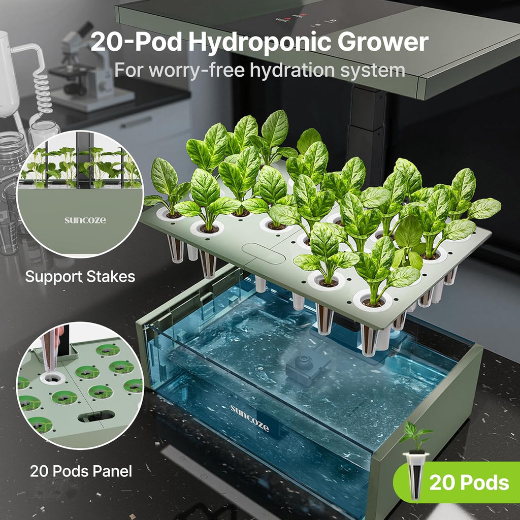 SUNCOZE Hydroponics Growing System Kit, 20 Pods Indoor Herb Garden with 10L Water Tank & Adjustable Height 25", 30W LED Grow Light, LCD Display with Veg/Flower Modes, Pump & Low Water Reminder, Green