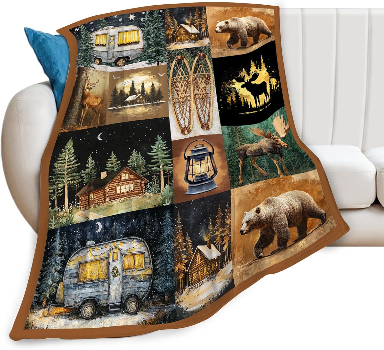Camping Blanket Cabin Bear Deer Throw Blankets Gifts for Girls Boys Kids Camping Lover Soft Cozy Fleece Plush for Couch Sofa Bed 60"x50"