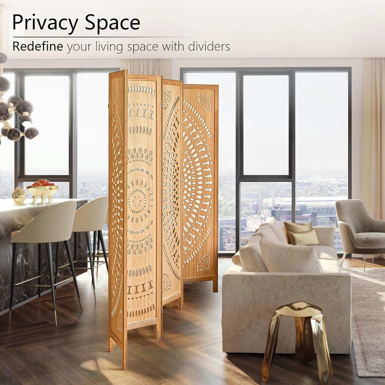Wooden Room Divider Wall, 6 Panel Divider Screens, Folding Privacy Screen, 5.6 FT Wall Divider Room, Carved Room Divider Panel, Portable Wall Divider for Home Bedroom Office (Natural)