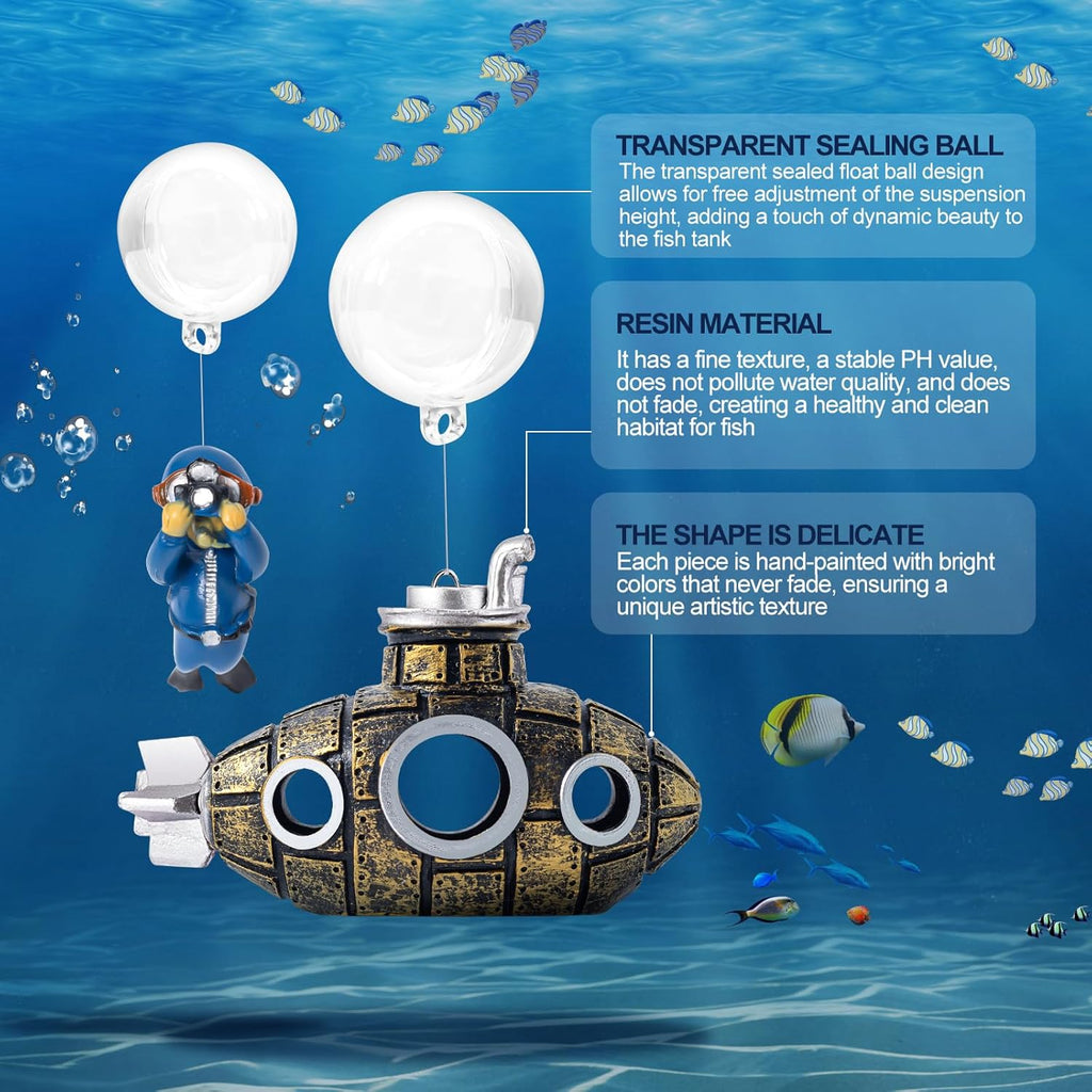 CousDUoBe New Upgrade Floating Fish Tank Decoration, Cute Retro Submarine Set and Floating Diver,Three Float Balls, Aquarium Decorations Resinous Betta Fish Tank Accessories