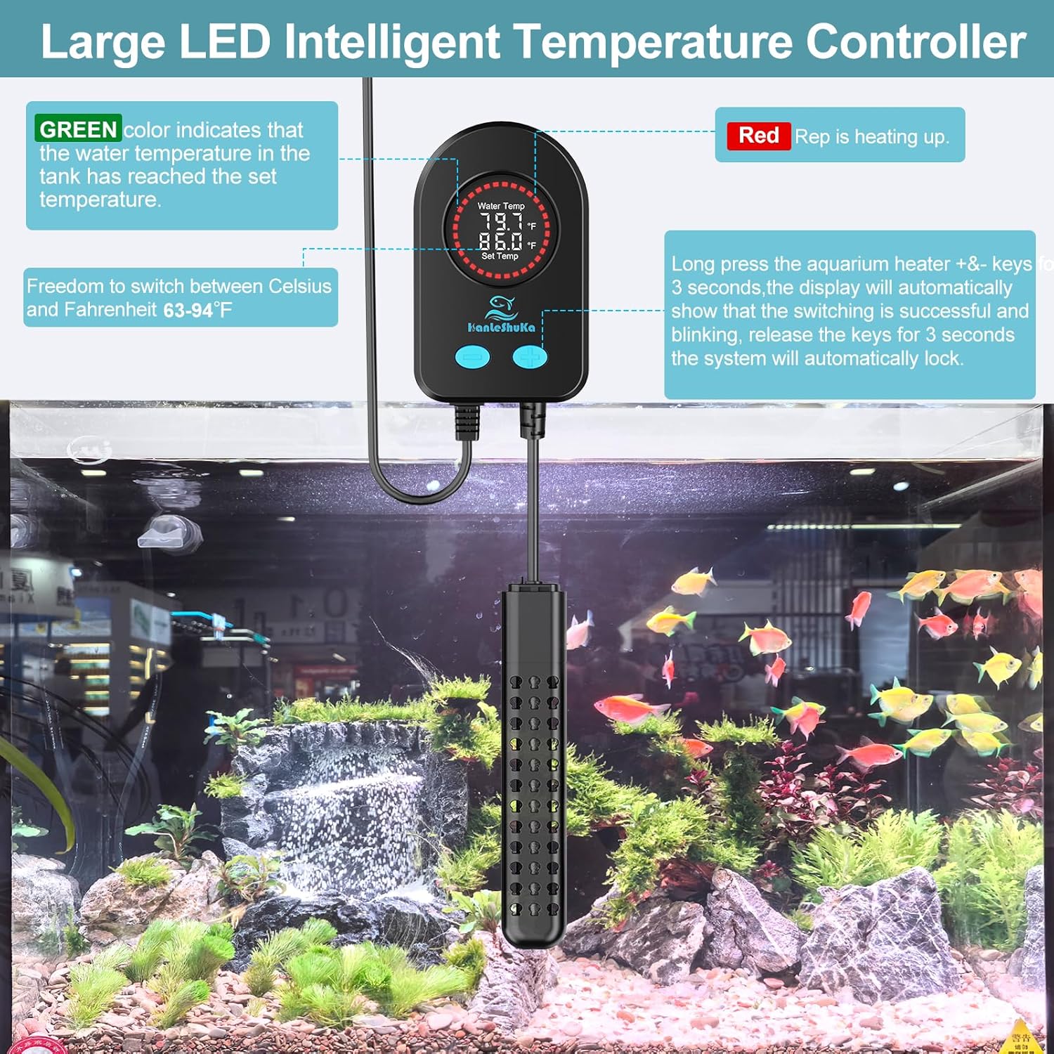 Submersible Aquarium Heater 100W/200W/300W/500W, Fish Tank Heater with high-Temperature Protection and Turtle Tank Heater with Automatic Power-Off When Leaving seawater or Freshwater.