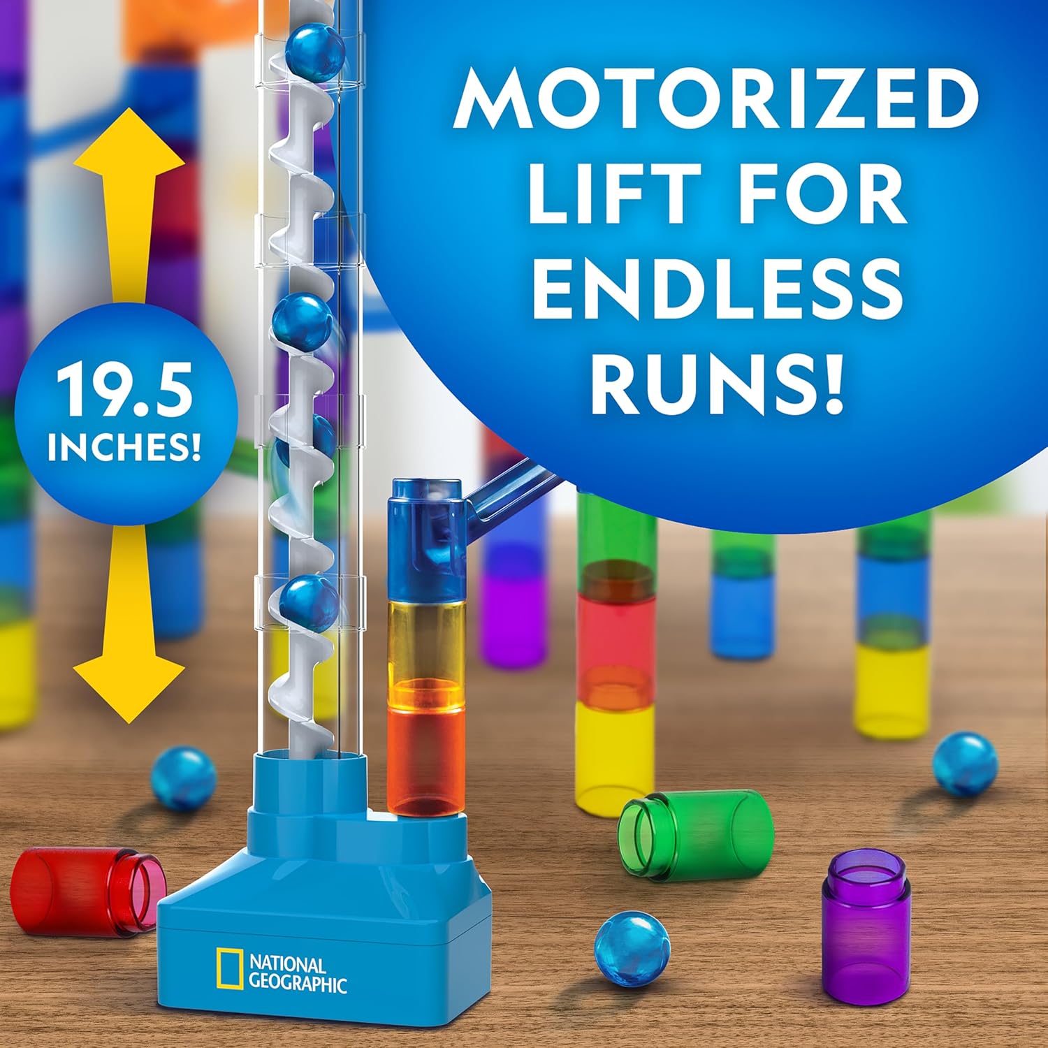 National Geographic Marble Run with Motorized Elevator - 150-Piece Marble Maze Kit with Motorized Spiral Lift, 30 Marbles, Storage Bag & More, Perpetual Motion Machine, Kids Physics Toys