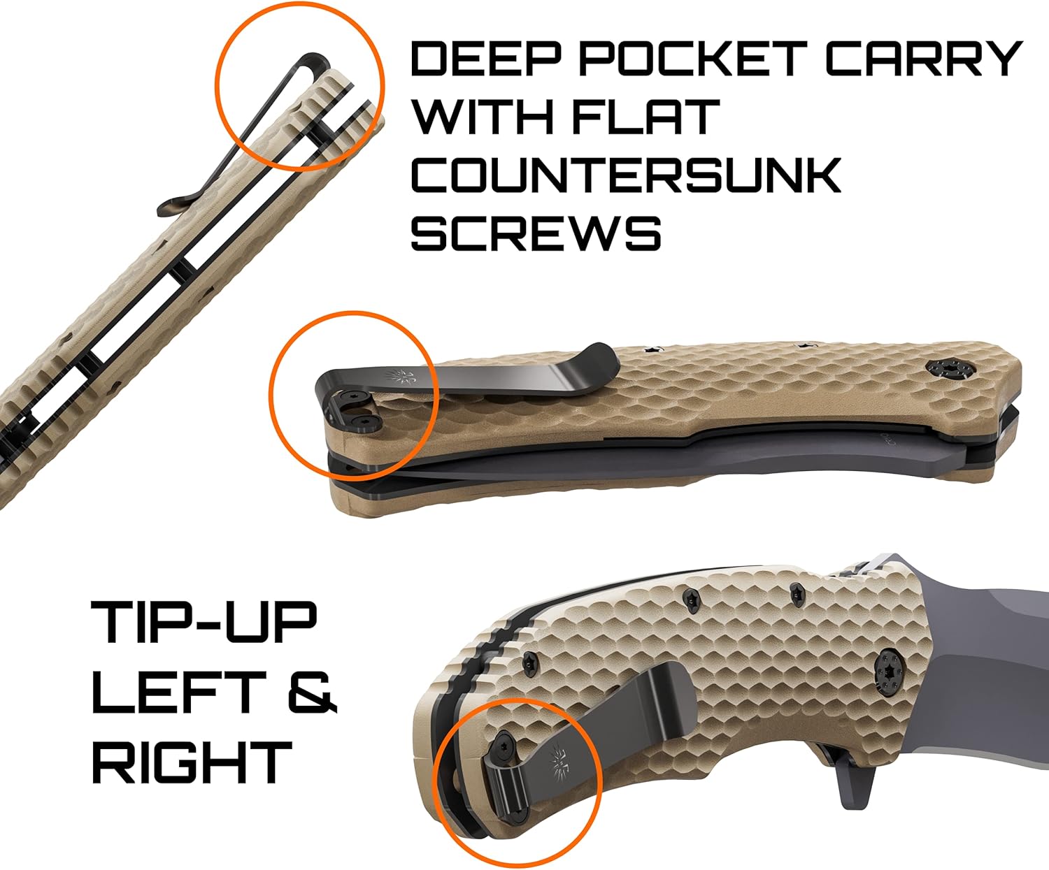 Off-Grid Knives - Rapid Fire Coyote, Large Assisted EDC, Hard Use Construction, Camping and Survival, Cryogenic D2 Blade Steel, Titanium Nitride Coating with G10 Scales, Deep Pocket Carry