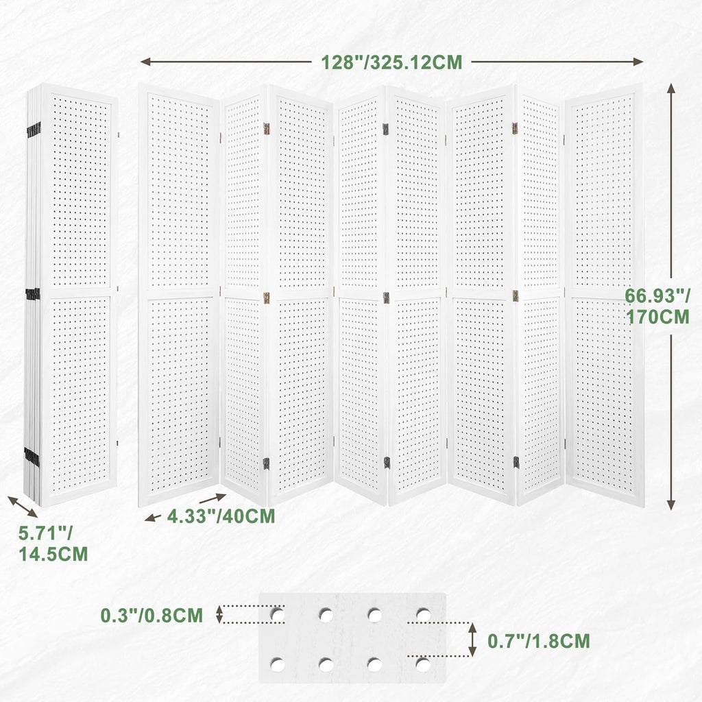 8 Panel Room Dividers 5.6FT Wall Divider with Freestanding Peg Board Display Wooden Folding Privacy Screen Foldable Partition Wall for Studio Apartment, Living Room, White
