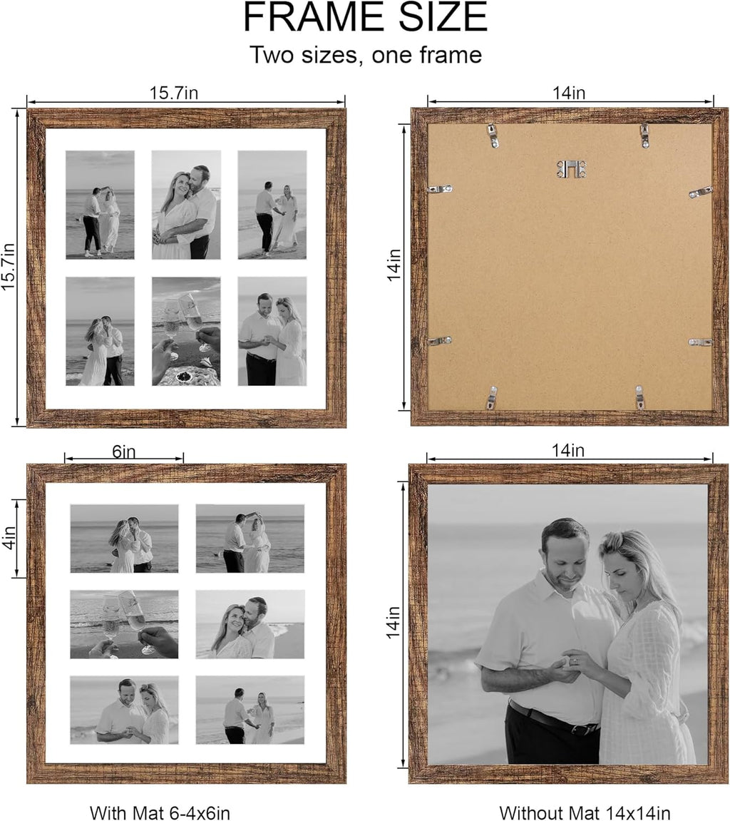 14x14 Picture Frame Set of 2, Rustic Brown with Glass Collage Frame, Display Photo Six Opening 4x6 With Mat or 14 x 14 Without Mat - Horizontal or Vertical Wall Mounting