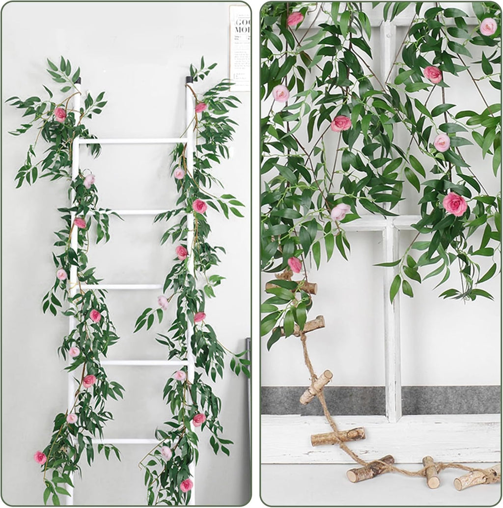 RECUTMS Artificial Hanging Willow Leaves Vine Twigs Whit Roses Flower 2Pc 5.7Ft Faux Ivy Plant Silk Green Leaf Rose Floral Garland Greenery Indoor Outdoor Wedding Jungle Birthday Party Garden Decor
