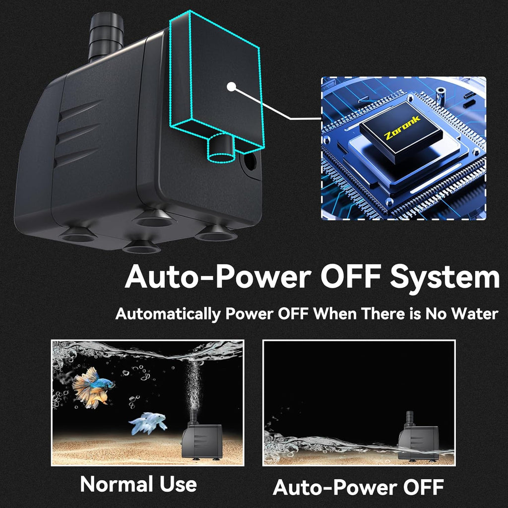 400GPH Auto-Shut-OFF Submersible Pond Pump (1500L/H 25W) Ultra Quiet Fountain Water Pump with 6.5ft High Lift, 3 Nozzles for Aquarium, Fish Tank, Pond, Hydroponics, Statuary,Water Feature.
