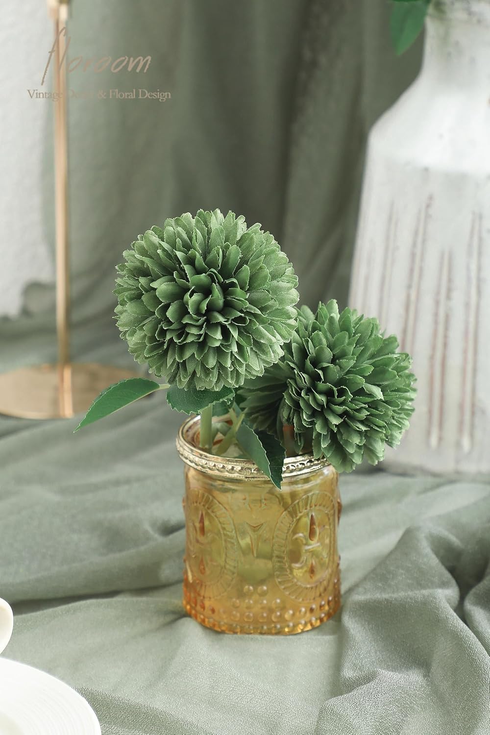 Floroom 12pcs Emerald Green Faux Silk Mums Artificial Flowers Bulk Fake Chrysanthemums with Stems for DIY Wedding Table Centerpieces Floral Arrangements Vase Fillers Home Decorations