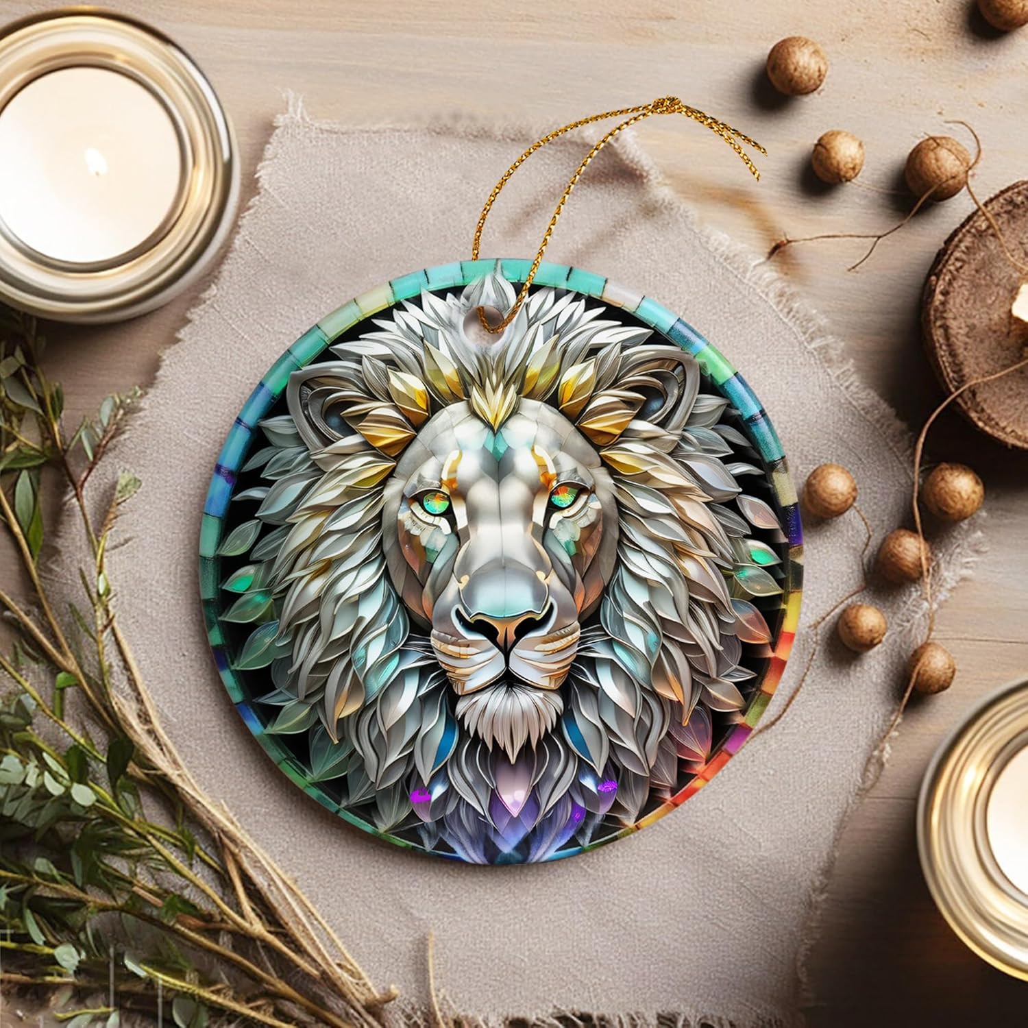 Stained Ceramic Lion Ornament - Lion Christmas Ornaments - Christmas Tree Ornaments - Christmas Decorations - Lion Decor for Office, Room, Home - Holiday Present Ideas