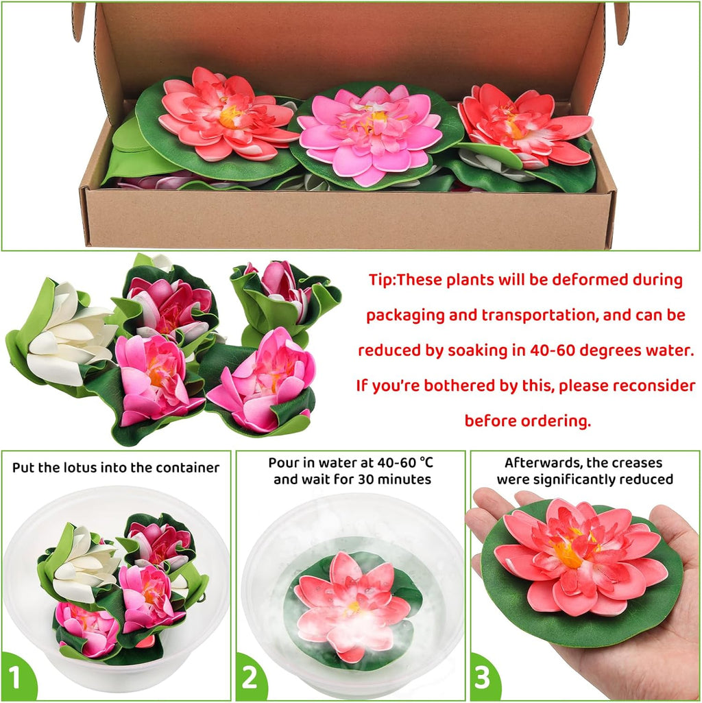 10PCS 3 Sizes Artificial Foam Lotus Floating Flowers with Water Lily Pad Ornaments for Home Garden Pond Decor Pools Water Decorations, Pink and White