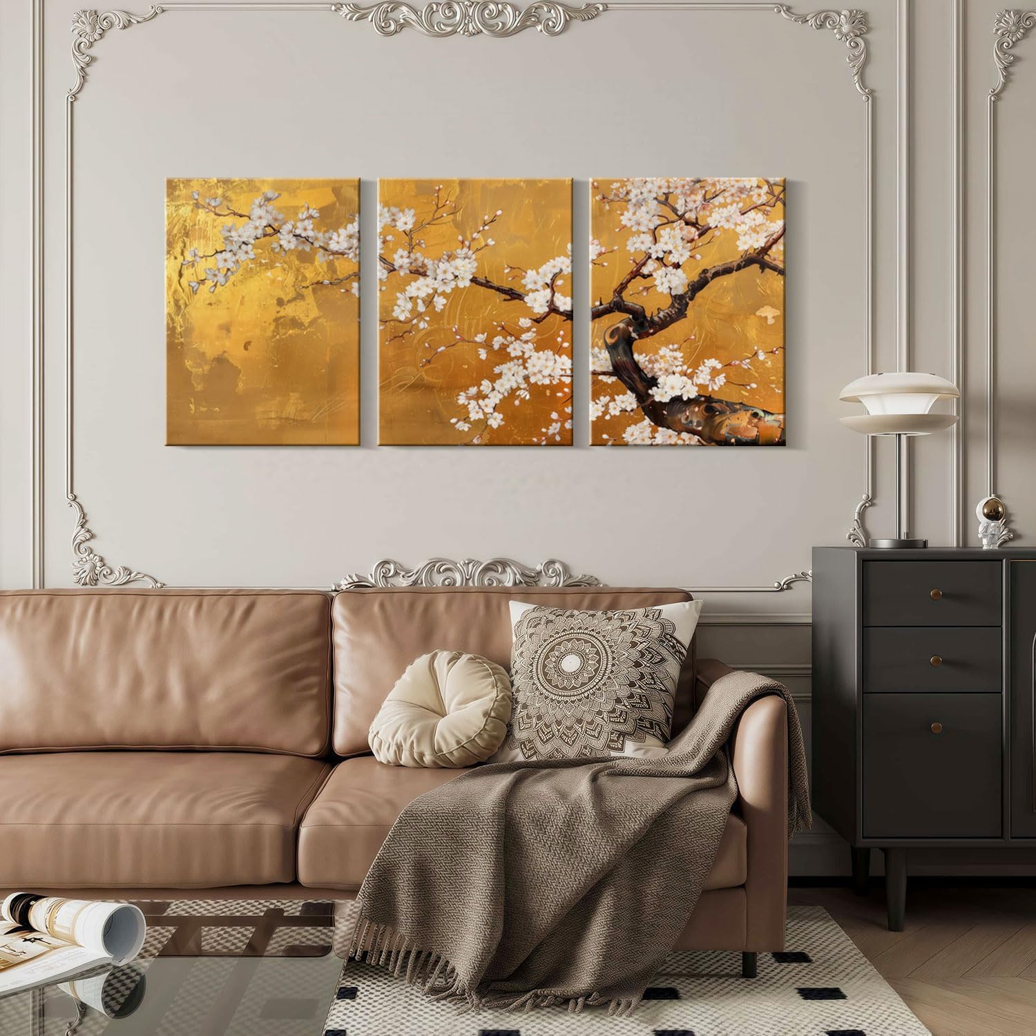 3 Pcs Framed Japanese Golden Plum Blossom Flower Wall Art Decor Canvas Print Picture Traditional Woodblock Print Style Farmhouse Poster Gallery Bedroom Living Room Office 12x16 Inch Ready to Hang