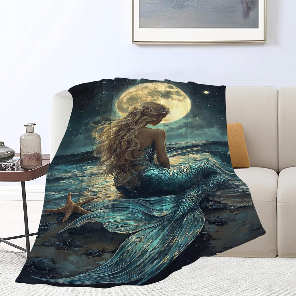 Mermaid Throw Blanket Beach Moon Night Mermaid Stuff Gifts for Kids Girls Boys Adults Women Men Soft Cozy Warm Plush Fluffy Fuzzy Fleece Blanket Decor 50''X60''