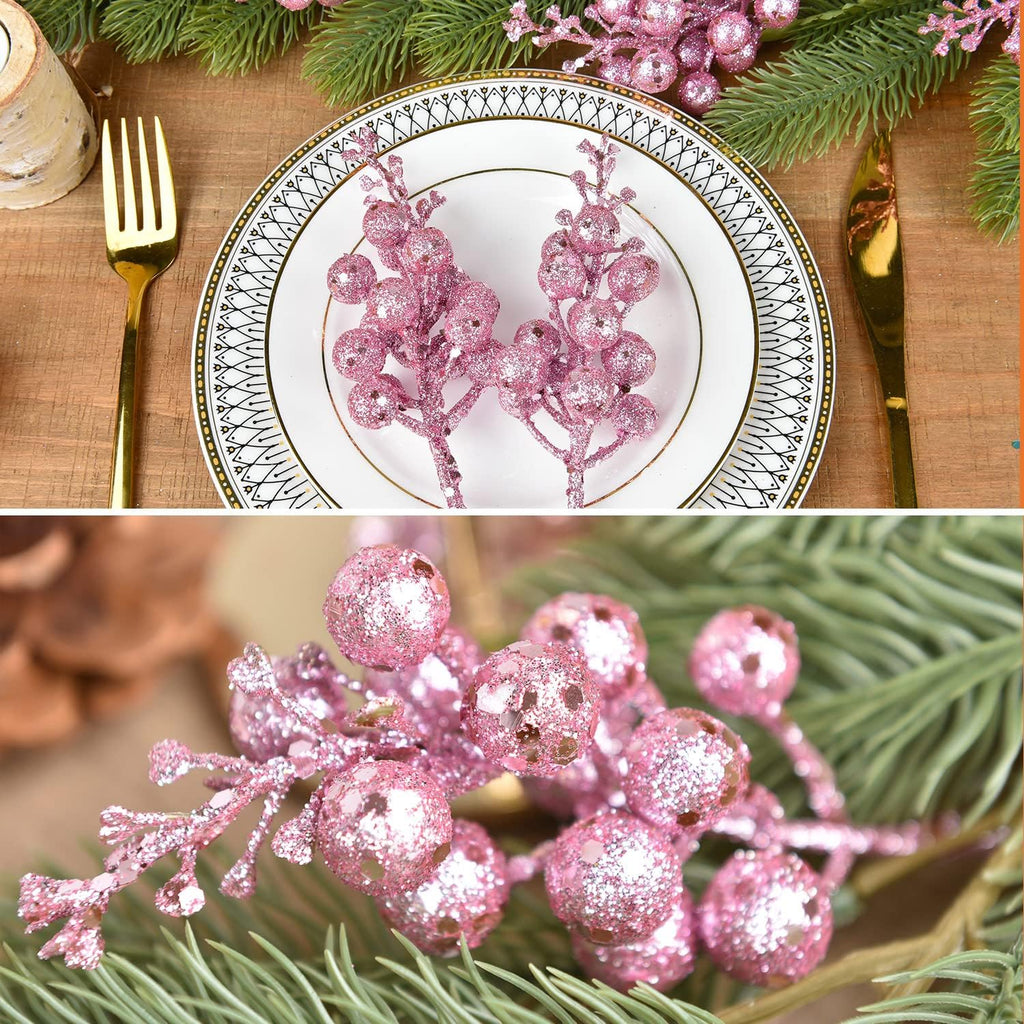 14 Pack Christmas Glitter Berries Stems Clearance, 7.8 Inch Artificial Pink Christmas Picks for Christmas Tree Ornaments, DIY Xmas Wreath, Crafts, Holiday and Home Decor (Pink)