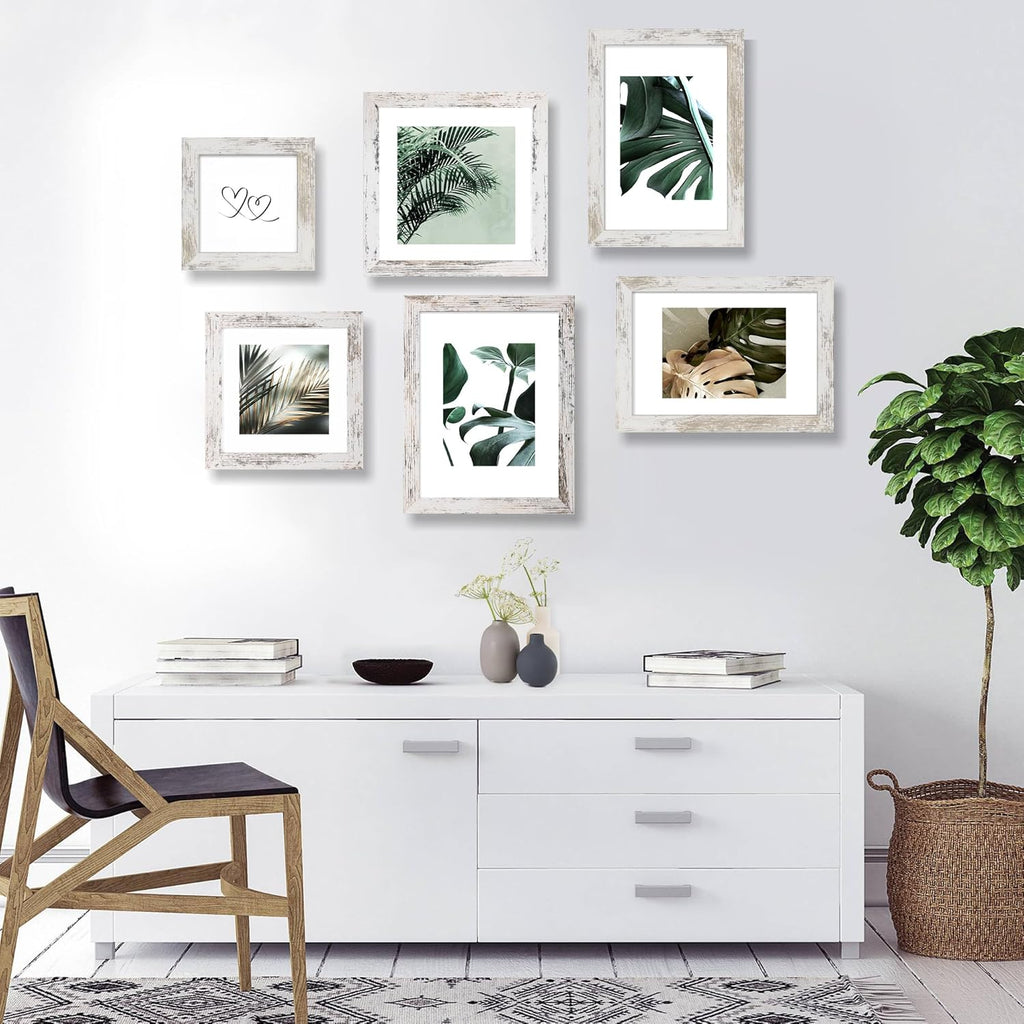 6x9 Picture Frame Set of 4, Made of Real Glass and Distressed White Wooden Frame - 6 by 9 Photo for Wall or Tabletop Display