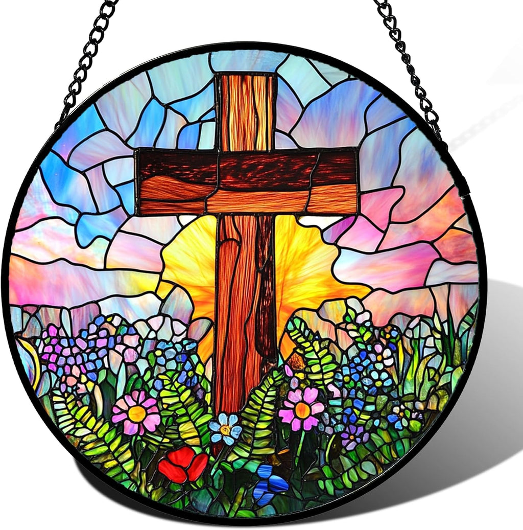 Christian Gifts for Women - Cross Stained Glass Window Hanging Jesus Easter Colorful Wildflowers Sun Catcher Garden Religion Decor Mother's Day Catholic Gift for Men Grandma Mom Her 15"