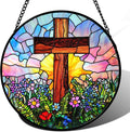 Christian Gifts for Women - Cross Stained Glass Window Hanging Jesus Easter Colorful Wildflowers Sun Catcher Garden Religion Decor Mother's Day Catholic Gift for Men Grandma Mom Her 15"