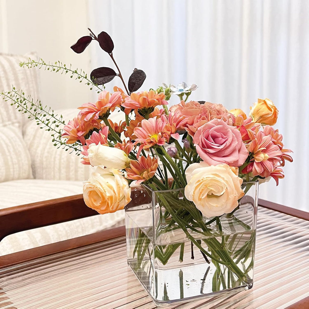 2 Pack Acrylic Cube Vases 5 X 5 Inch, Clear Square Vases, Shatterproof Flower Vase Decorative Centerpiece for Home, Wedding