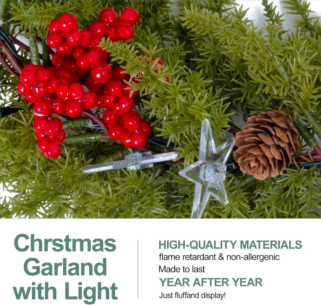 6.5FT Christmas Garland with Star Lights,Prelit Christmas Decorations,Lighted Garland with Battery Operated, Realistic Small Thorny Pine Greenery Home Decor for Mantle Fireplace Table Indoor Outdoor
