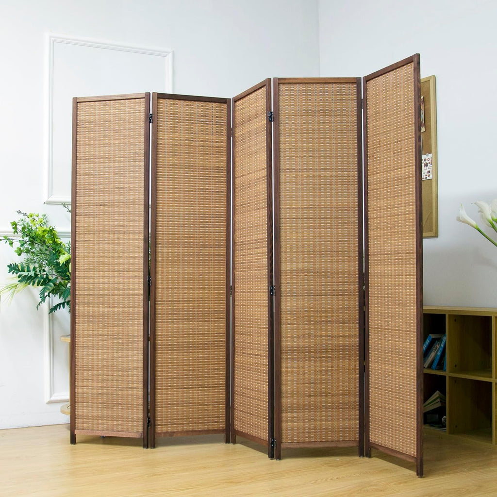 5 Panel Room Divider Screen,5.6 FT Tall Bamboo Divider Folding Privacy Screen,Freestanding Room Divider for Room Seperation,Brown