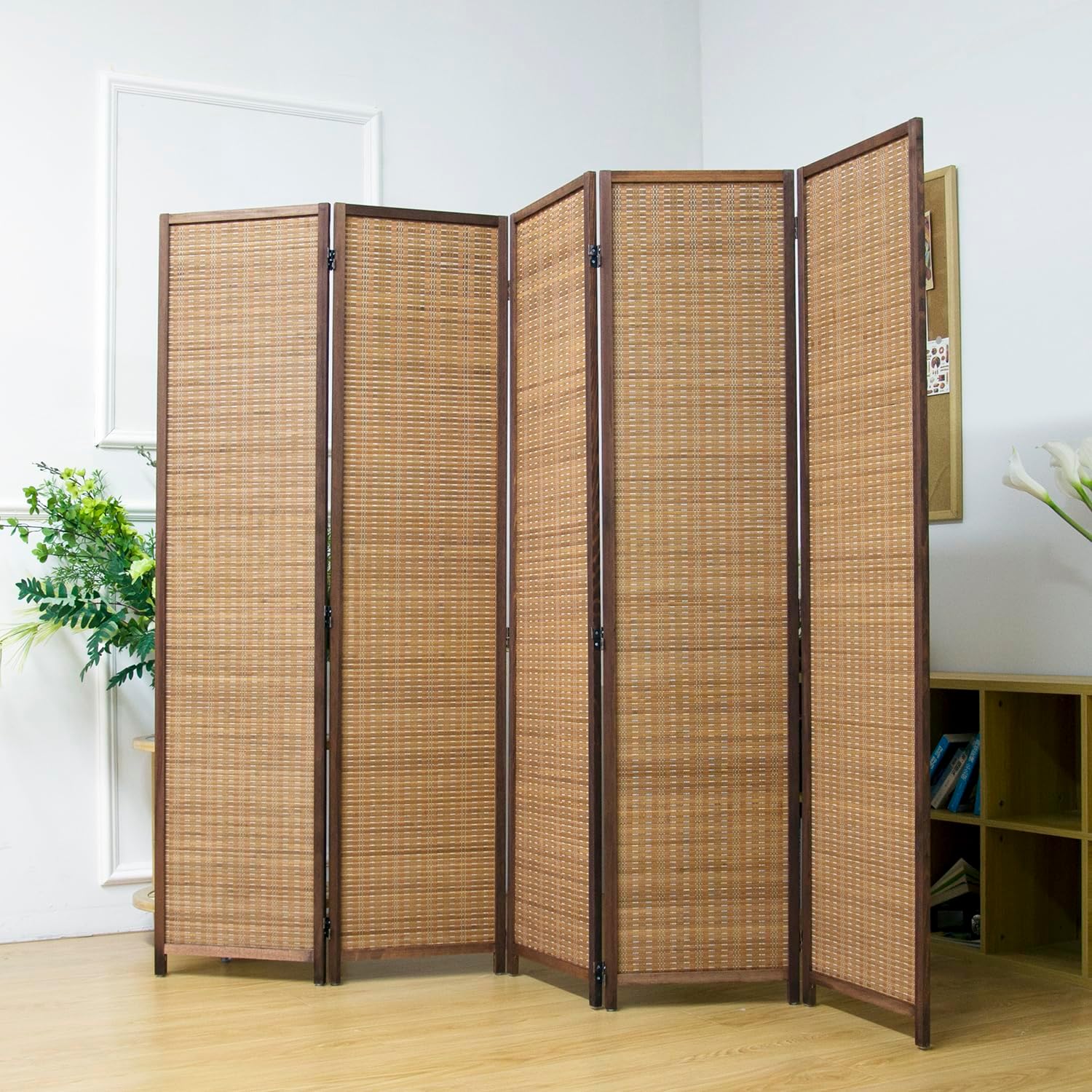 5 Panel Room Divider Screen,5.6 FT Tall Bamboo Divider Folding Privacy Screen,Freestanding Room Divider for Room Seperation,Brown