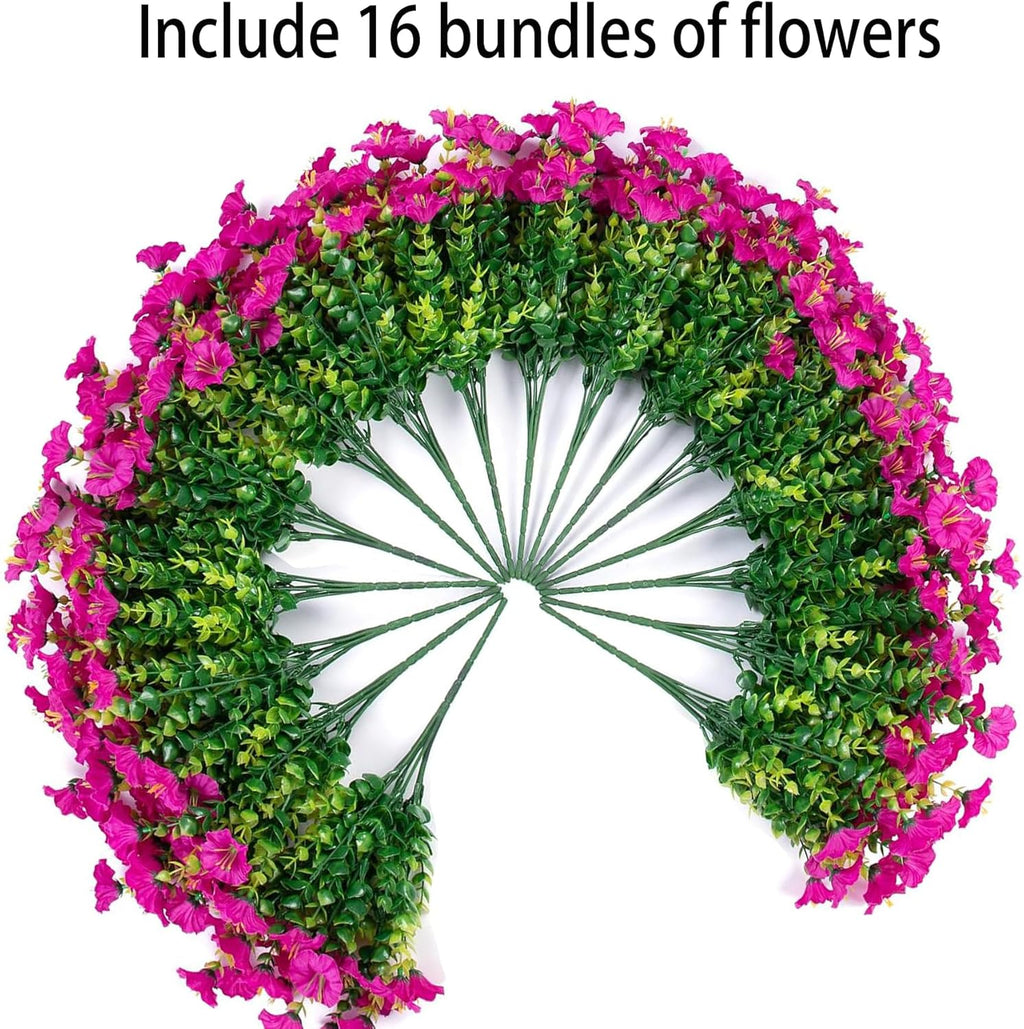 Artificial Outdoor Flowers 16 Bundles Fake Morning Glory Flower Outdoor UV Resistant Plastic Faux Flowers Plants for Decoration Indoor Outdoor Hanging Window Box Planter Home Porch Decor (Fuchsia)