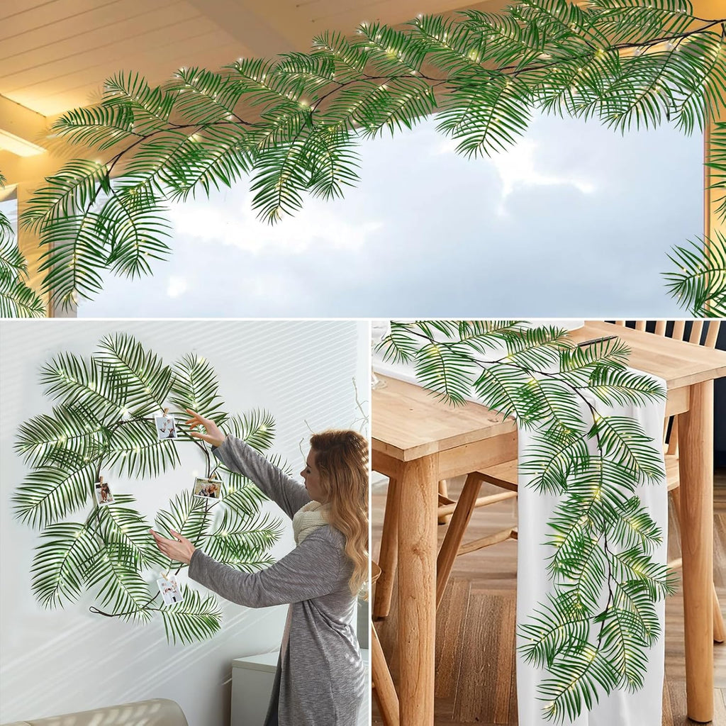 RECUTMS Artificial Palm Leaves Garland Ivy 6FT with 150LED Fairy Lights Battery Operated Faux Tropical Monstera Leaf Greenery Twig Vine Indoor Outdoor Home Christmas Fireplace Mantle Table Decoration