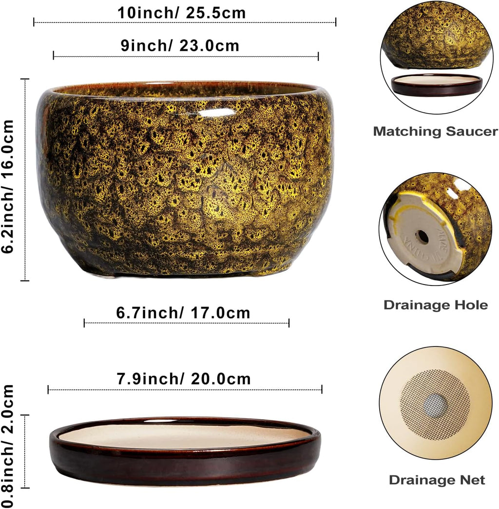 SQOWL 10 Inch Plant Pot - Ceramic Flower Pots with Drainage Hole and Saucer, Ceramic Planter for Indoor Plants Outdoor, Decorative Round Large Planter, House Decor, Gifts for Women Men, Yellow