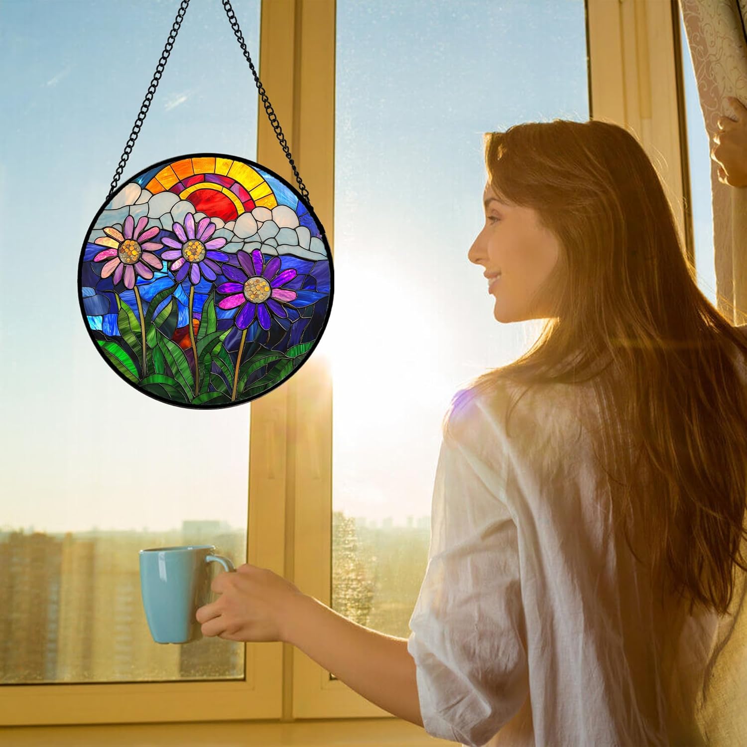 Stained Glass Window Hanging, Butterfly and Sunflowers Sun Catchers Glass Panel Plant Insects Suncatcher Decor for Birthday for Women, Men, Wife, Aunt, and Mom 6.3 in