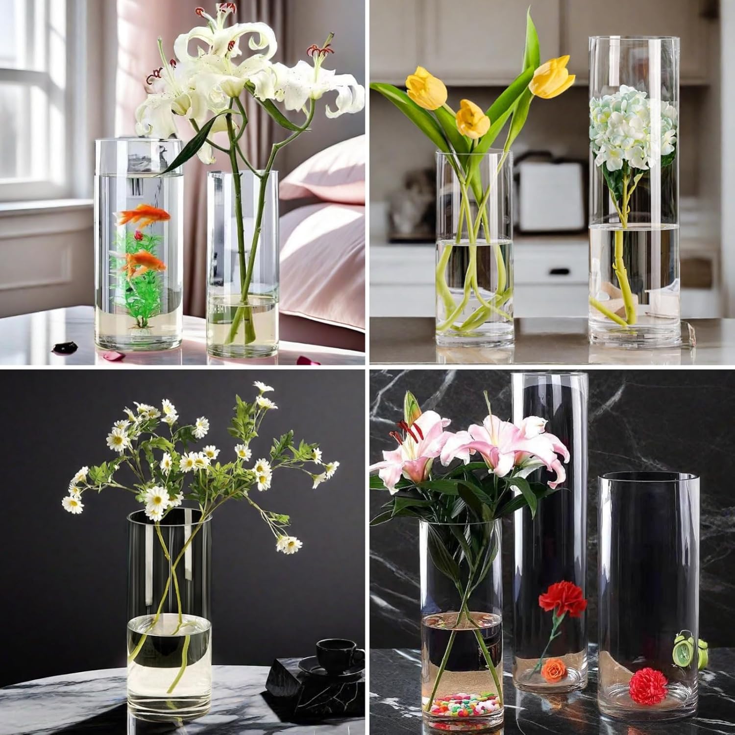 4 Pcs Acrylic Clear Cylinder Flower Vase for Plants Bouquet, Unbreakable Hurricane Tall Large Plastic Vases for Wedding Decor, High Hydroponic Floor Vase (H 10" + H 12" 2 Each No Flowers)