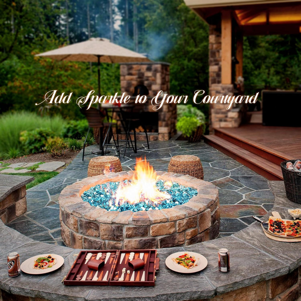 GasSaf 1/2 Inch Fire Glass Reflective Tempered Fireglass Cut Crushed FireGlass for Fire Pit, Fireplace, Replaces Existing Gas Logs & Lava Rocks (10 Pound)(Caribbean Blue Reflective).