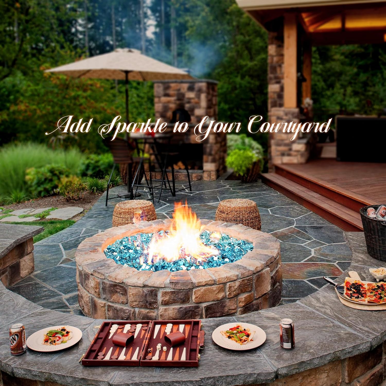 GasSaf 1/2 Inch Fire Glass Reflective Tempered Fireglass Cut Crushed FireGlass for Fire Pit, Fireplace, Replaces Existing Gas Logs & Lava Rocks (10 Pound)(Caribbean Blue Reflective).