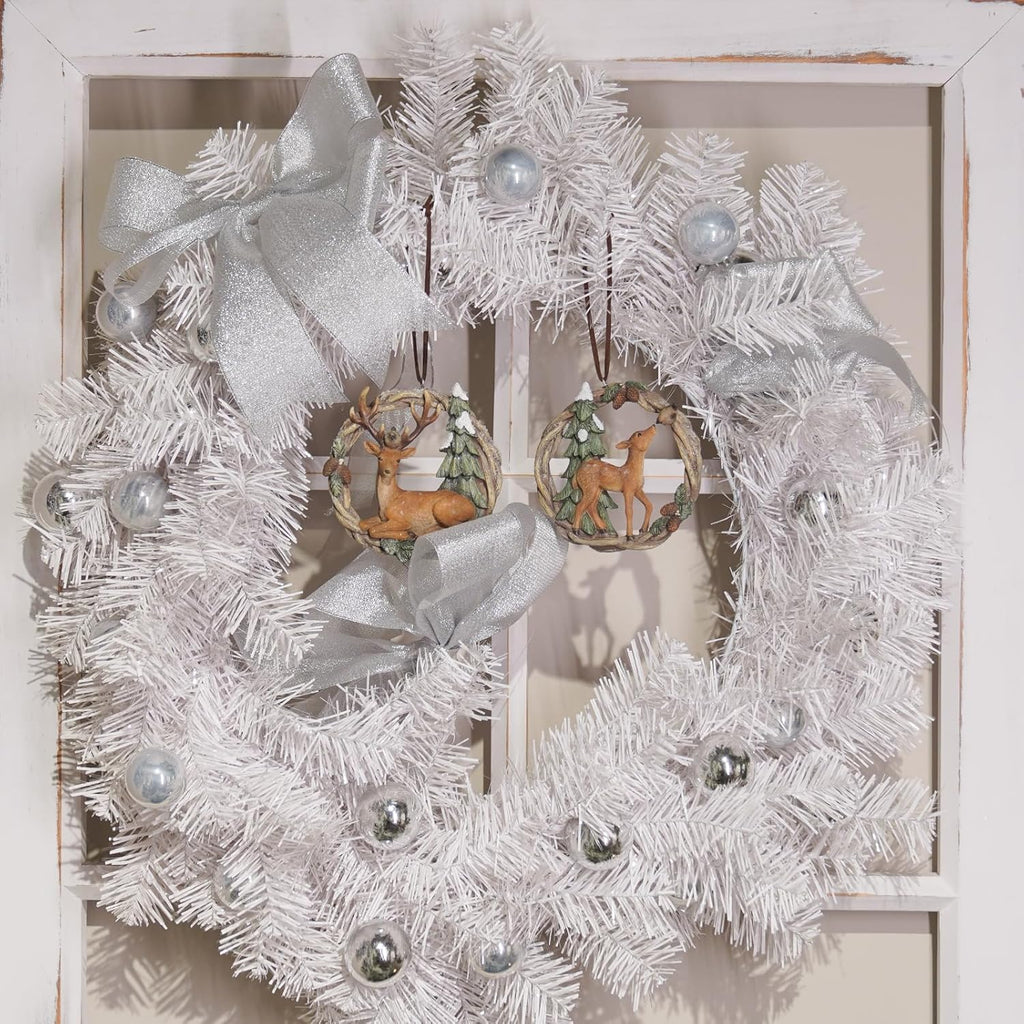 Christmas Tree Ornaments Christmas Decorations - Set of 2 Resin Christmas Woodland Deer in Wreath Ornaments Brown/Sage Green Men for Family Braxio