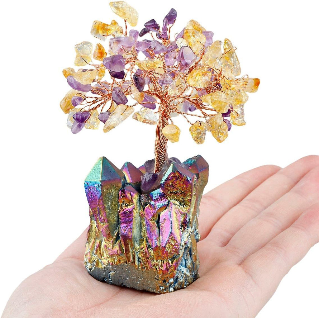 mookaitedecor Citrine & Amethyst Crystal Tree, Quartz Cluster Rainbow Titanium Crystals Base Bonsai Money Tree for Wealth and Luck