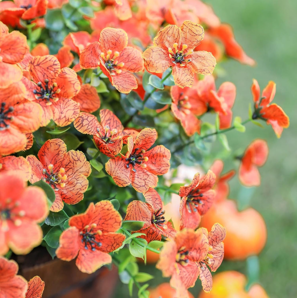HyeFlora Artificial Fall Flowers Faux Mums for Outdoor Indoor Garden Home Decoration, Faux Flower Daisy with Eucalyptus Leaves Fake Mums Plants Greenery Boxwood Porch Patio, 12 Bundles (Orange)
