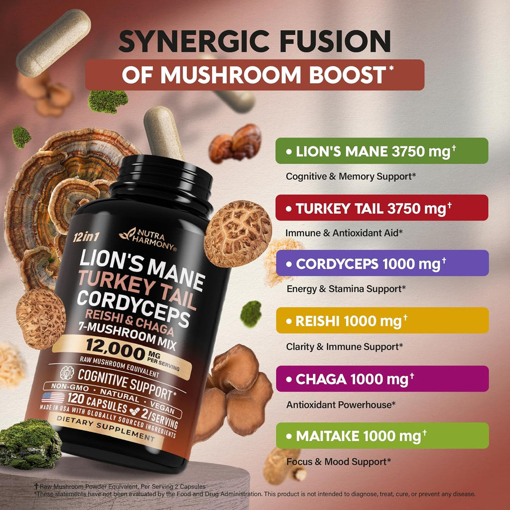 Mushroom Supplement - Organic Lions Mane | Turkey Tail | Chaga | Cordyceps | Reishi | Maitake | Shiitake | Meshima | Tremella | Oyster | Agaricus - Made in USA - Non GMO, Gluten Free - 120 Capsules