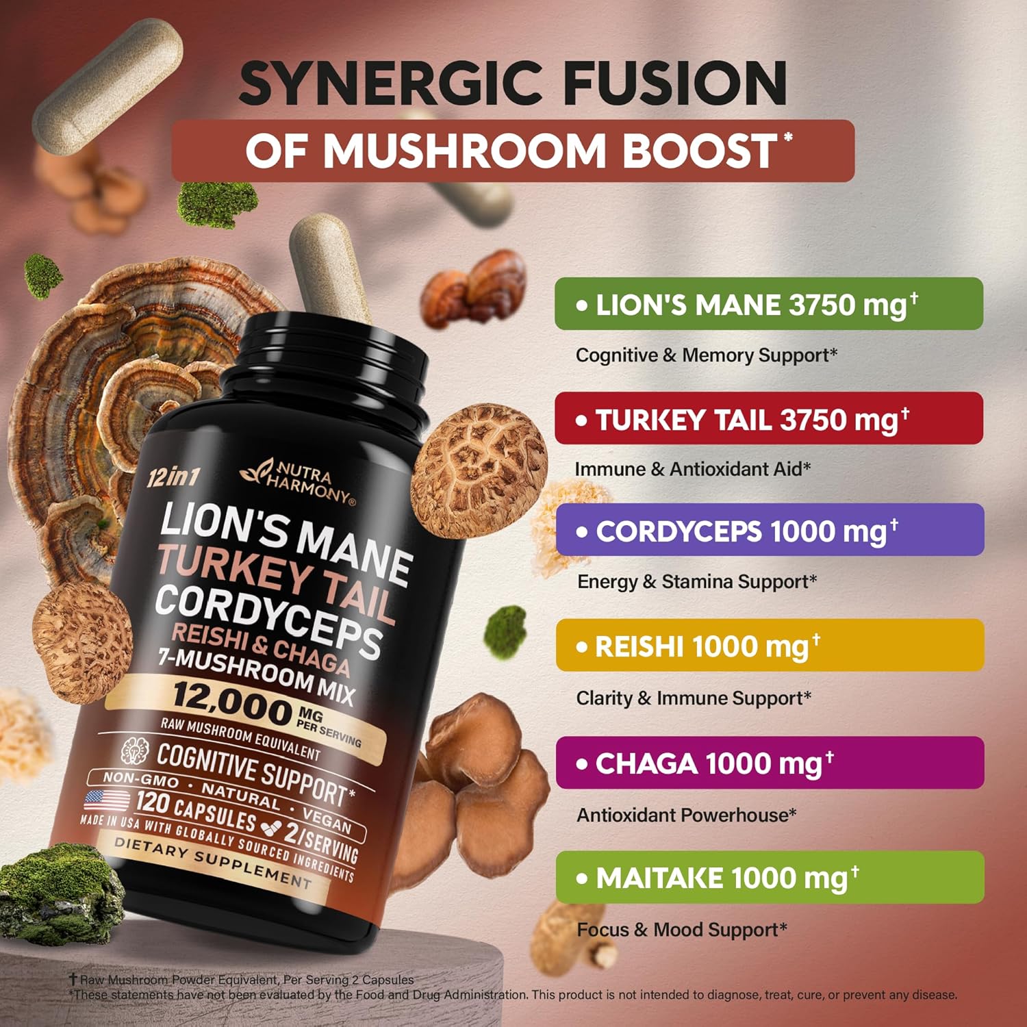 Mushroom Supplement - Organic Lions Mane | Turkey Tail | Chaga | Cordyceps | Reishi | Maitake | Shiitake | Meshima | Tremella | Oyster | Agaricus - Made in USA - Non GMO, Gluten Free - 120 Capsules