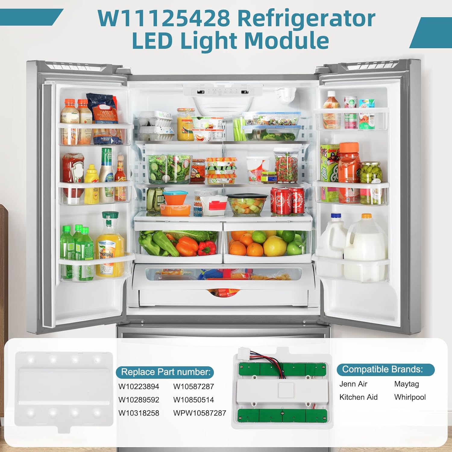 Vanesa|W11125428 LED Refrigerator Light Module Assembly Board - Fridge Bulb Replacement Compatible with Whirlpool, KitchenAid, Maytag, Jenn-Air ReplacesW10223894, W10289592, W10318258, W10587287