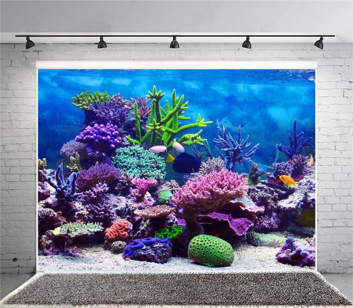 AOFOTO 9x7ft Under The Sea Backdrop Underwater Seascape Coral and Fish Aquarium Photography Background Marin Ocean Diving Atoll Reef Summer Kids Birthday Artistic Portrait Photoshoot Studio Props