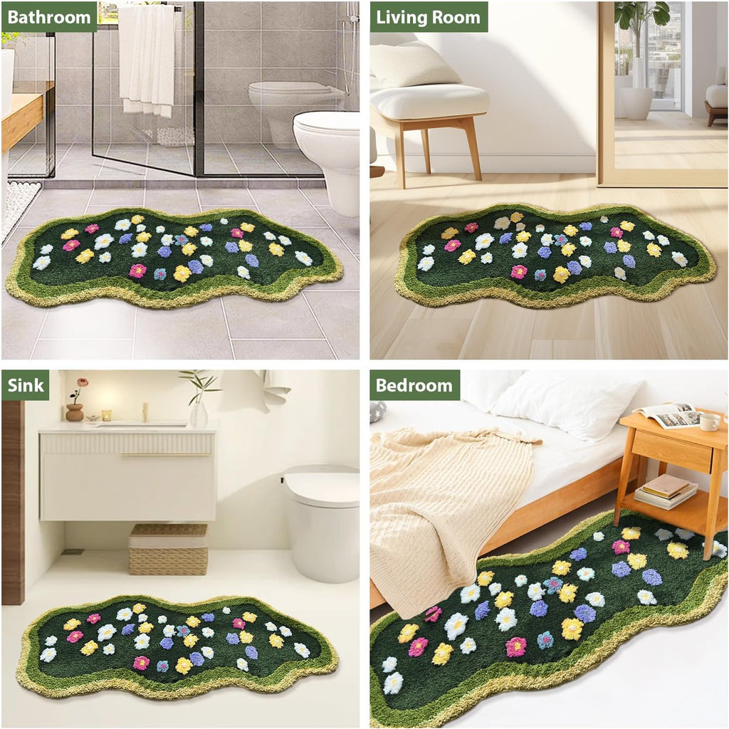 Aesthetic 3D Moss Rug, Super Absorbent Non-Slip Microfiber Grass Mat for Playroom, Irregular Shaped Green Carpet for Forest Bath Mat, Circle Cute Tufted Area Rug Trendy Rugs for Bedroom 48 x 24 in