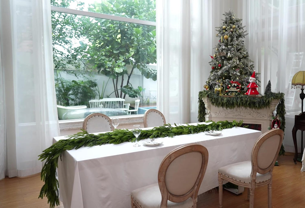 15FTx1 Extra Full Christmas Garland Real Touch Norfolk Pine Garland Christmas Decorations Realistic Greenery Garlands for Stairs, Railing,Doorframe, Mantel, Table,Indoor Outdoor Holiday Decor