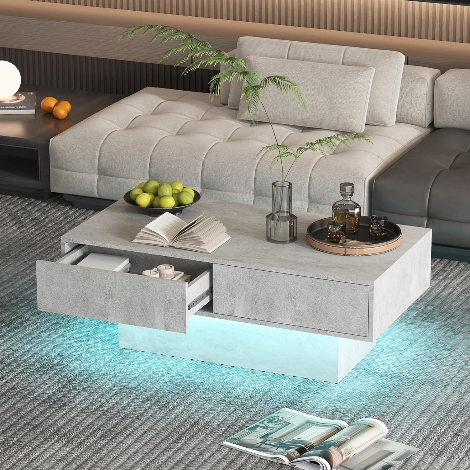 Rectangular LED Coffee Table with 2 Storage Drawers for Living Room, Center Middle Table Modern Cocktail Table Tea Tables Contemporary Mid Century Wood Home Office Waiting Room, Light Grey