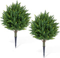 DRAY 16" Diameter Artificial Cypress Topiary – Set of 2 Faux Plants with Ground Spikes – UV-Resistant, Realistic Outdoor & Indoor Greenery – Weatherproof Garden Landscaping Décor