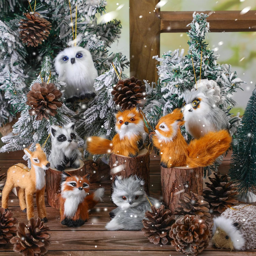 Tudomro 25 Pcs Woodland Christmas Ornaments Set 10 Plush Forest Animal Christmas Ornament 14 Pine Cones Decoration 12 ft Lighted Burlap Ribbon Garland for Xmas Tree Country Rustic Farmhouse Decor
