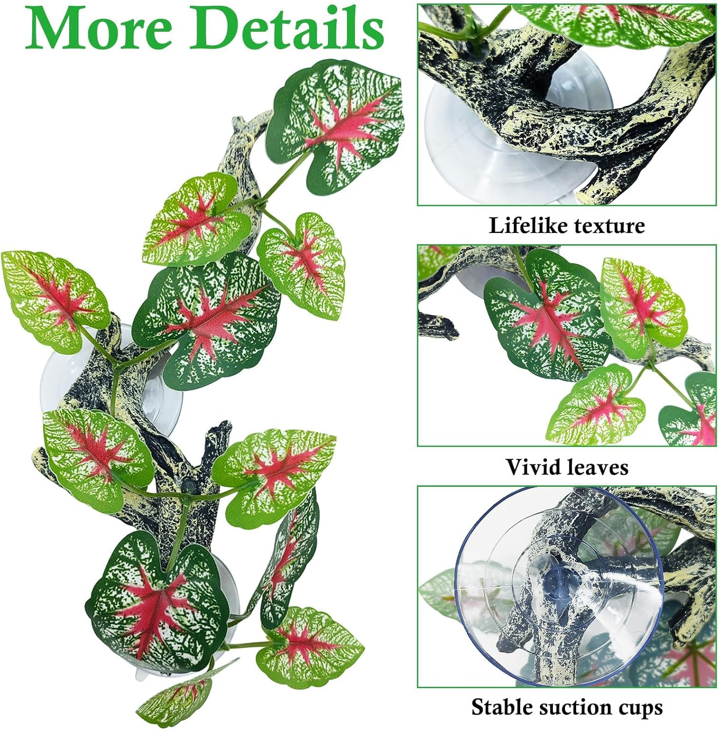 kathson 2 PCS Reptile Corner Branch Resin Snake Climbing Accessories with Leaves Terrarium Plant Decoration with Suction Cup Lizard Plant Ornament for Frog Bearded Dragon Gecko Spider Climbing