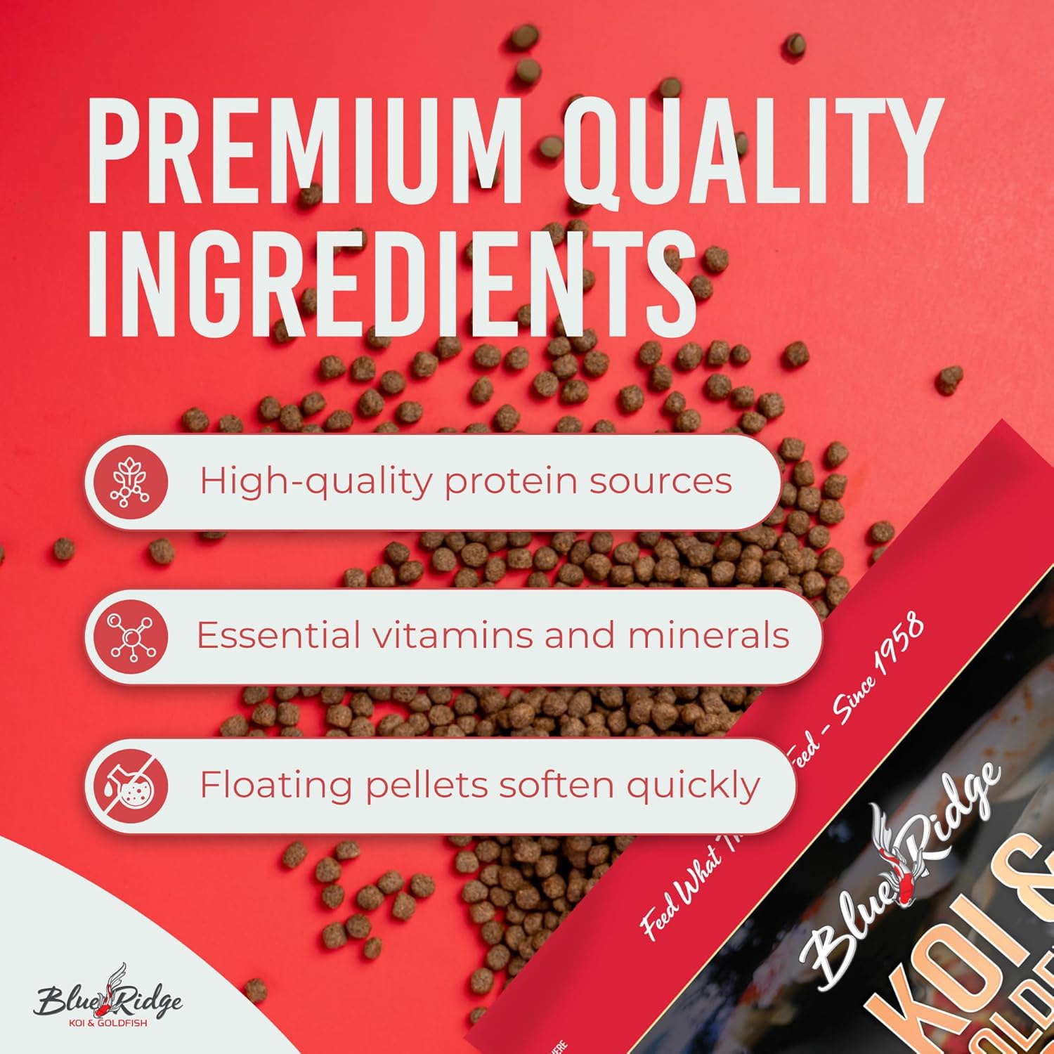Blue Ridge Koi Fish Food 5lb - Koi Food Mini Growth Formula, Goldfish Food, Premium Fish Food for Ponds, Ponds Fish Food, Floating Pond Pellets