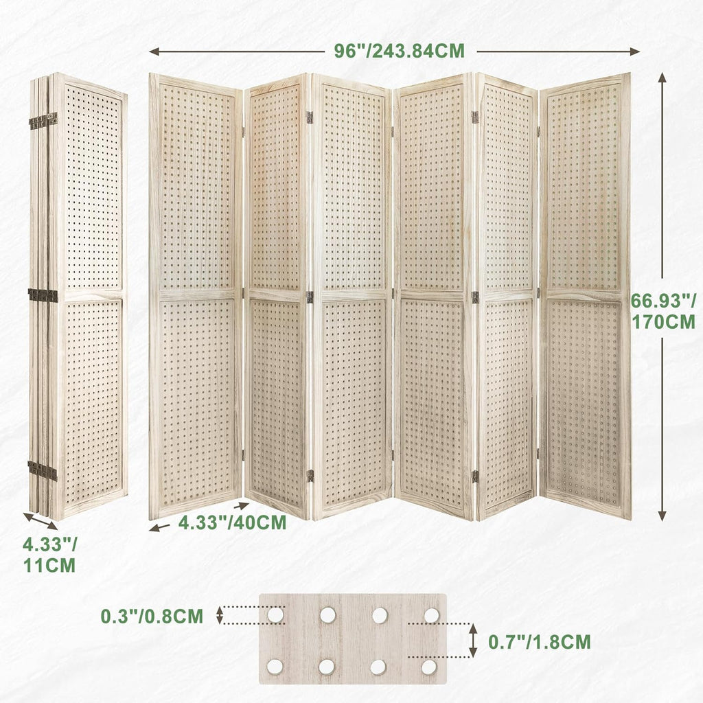6 Panel Room Dividers 5.6FT Wall Divider with Freestanding Peg Board Display Wooden Folding Privacy Screen Foldable Partition Wall for Studio Apartment, Living Room, Natural Wood